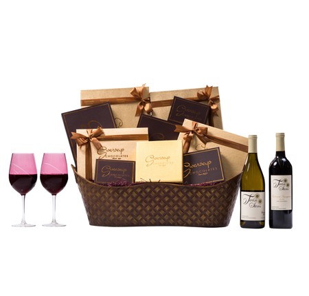 Rosh Hashanah VIP Wine Chocolate Gift Basket Designer Wine Glasses