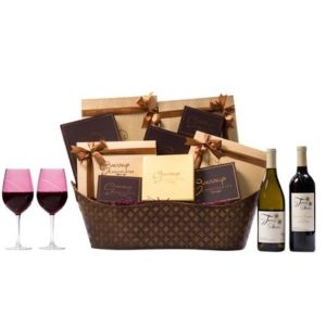 Sympathy VIP Wine Chocolate Gift Basket Designer Wine Glasses
