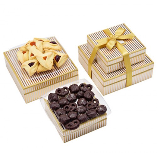Purim Executive Gold Stripe Pareve Chocolate Pastry Tower