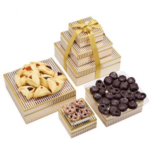 Purim Executive VIP Gold Stripe Pareve Chocolate Pastry Tower