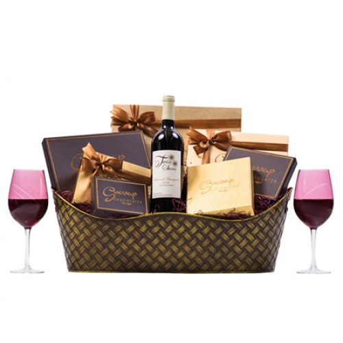 Pareve Executive Wine Chocolate Gift Basket Designer Wine Glasses