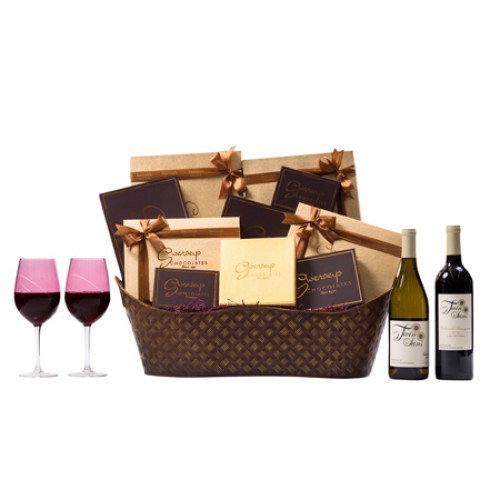 Pareve VIP Wine Chocolate Gift Basket With Designer Wine Glasses