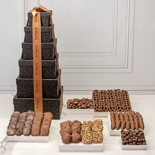 Happy Birthday 6 Tier Grand Indulgence Black Speckled Chocolate Gift Tower - Kosherline