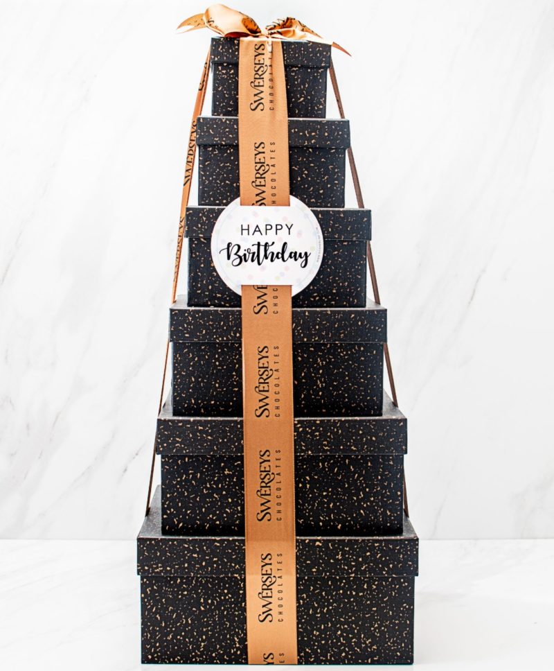 Happy Birthday 6 Tier Grand Indulgence Black Speckled Chocolate Gift Tower - Kosherline