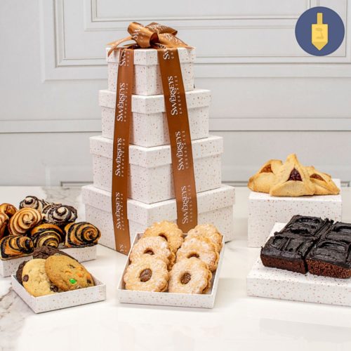 Hanukkah 4 Tier Grand Indulgence Signature White Speckled Baked Goods Gift Box Tower - Kosherline