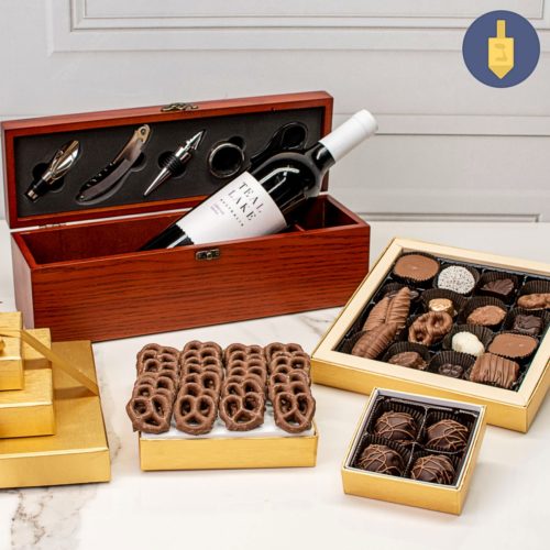Hanukkah Executive Wine Chocolate 3 Tier Luxurious Gift Box Tower Set - Kosherline