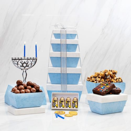 Marvelous Hanukkah Chocolate Snacks & Menorah Gift Tower - Kosherline