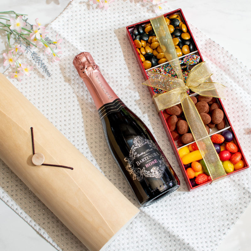 Purim Mishloach Manot & Sparkling Wine Gift Set with Wood Wine Case - Main